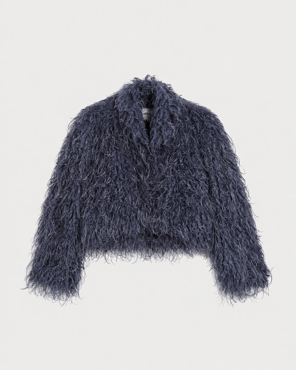 APPARIS Ginette Jacket in Steel Blue shown off figure with curled faux Mongolian fur