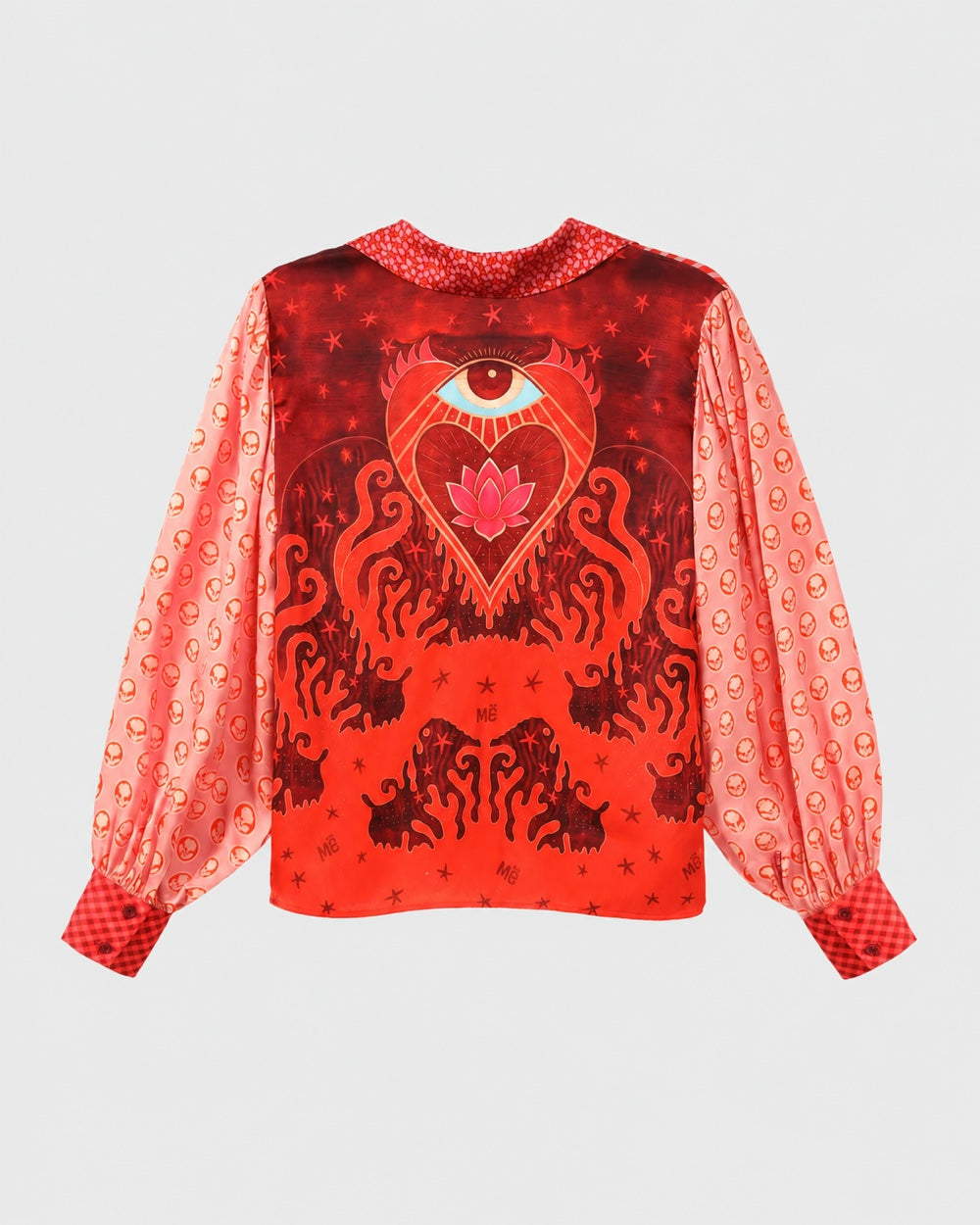 ME369 Sola Puff Sleeve Blouse Red Aura featuring a red back with an eye-and-heart lotus graphic and light pink balloon sleeves patterned with small alien faces.