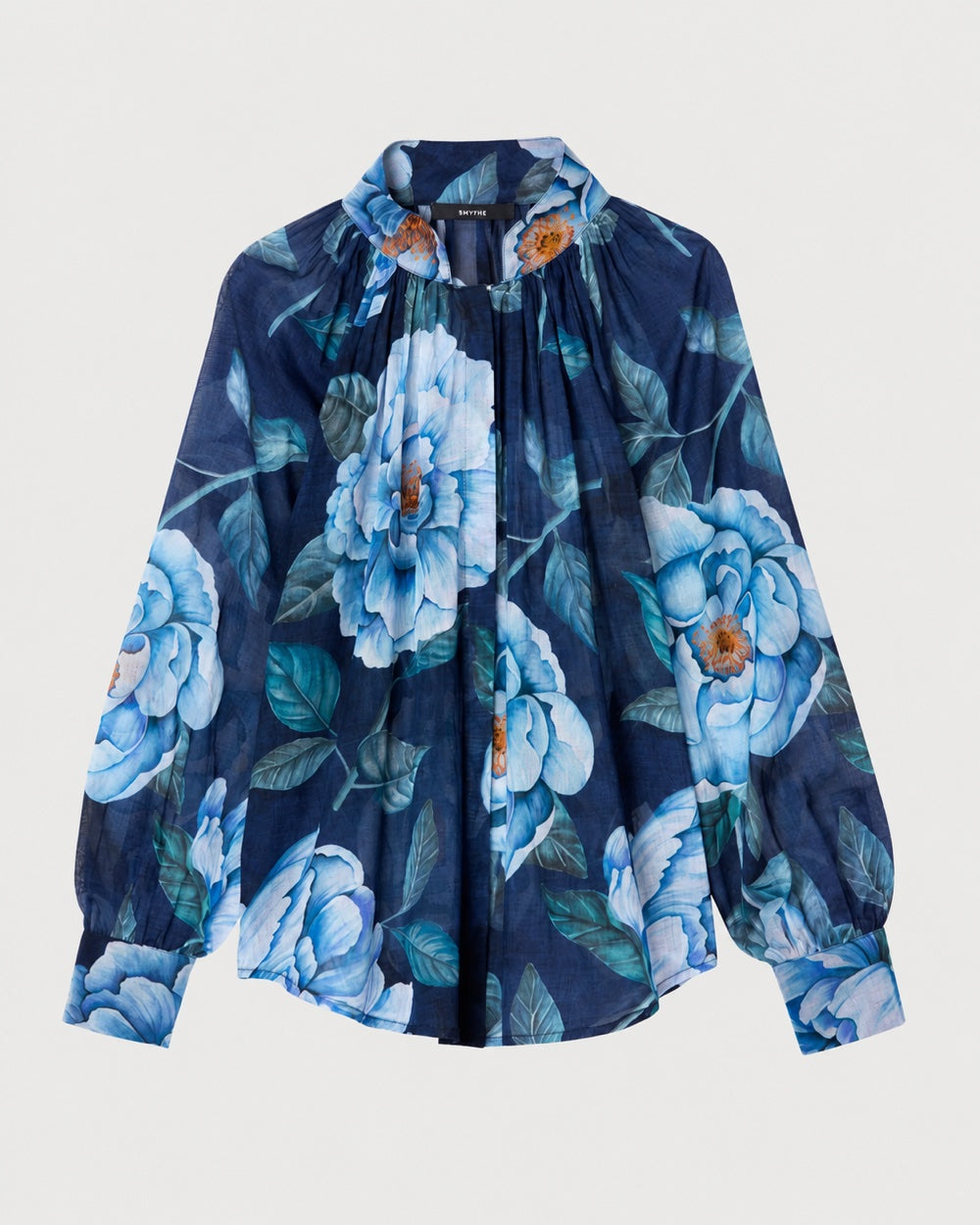 Smythe Gathered Blouse Navy Floral featuring a gathered high neckline, long sleeves, and button cuffs.