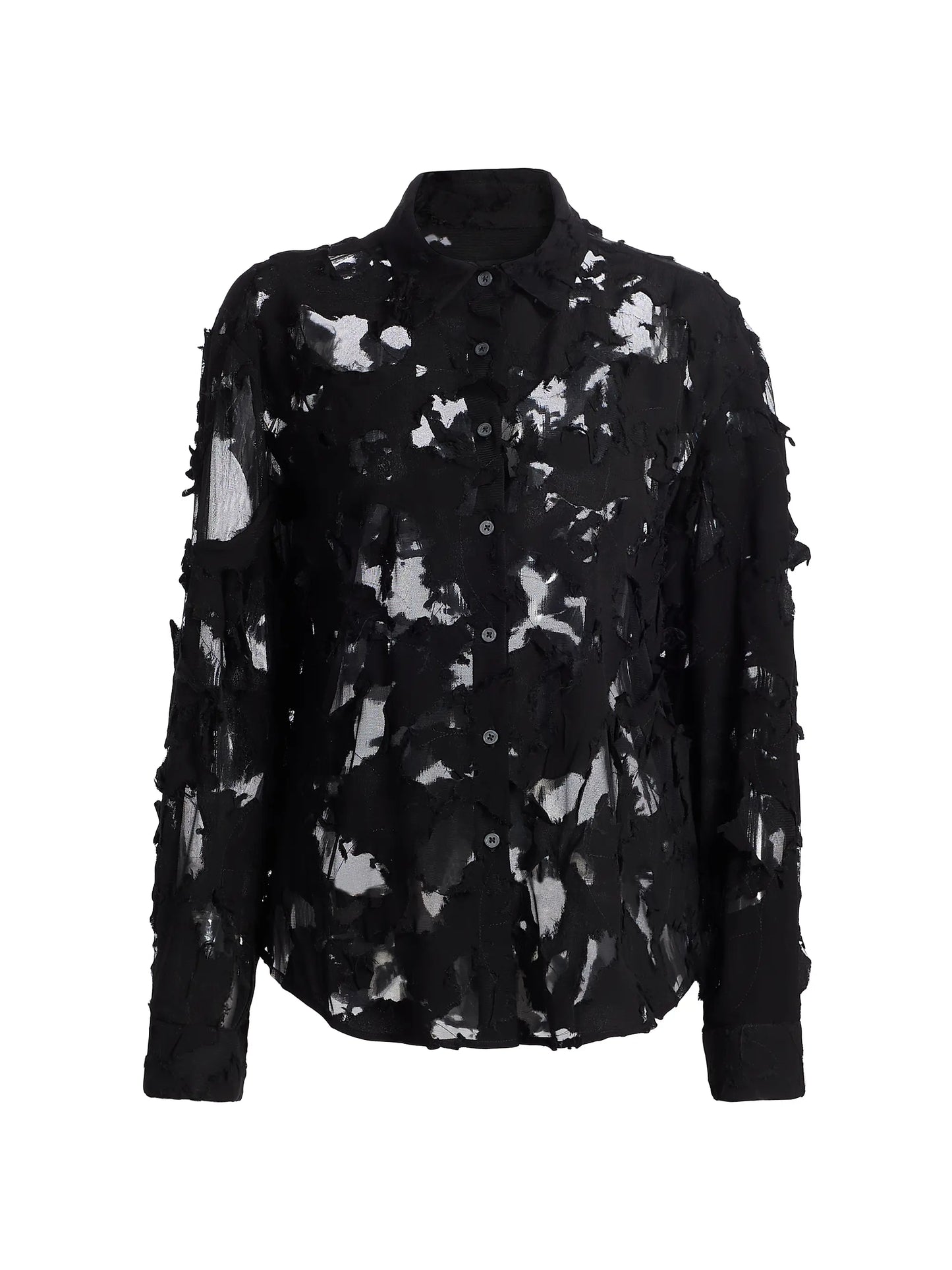 The R13 Slim Abstract Print Shirt is a black long-sleeve button-up featuring a distressed, semi-sheer design with irregular holes and frayed fabric for an edgy yet polished look.