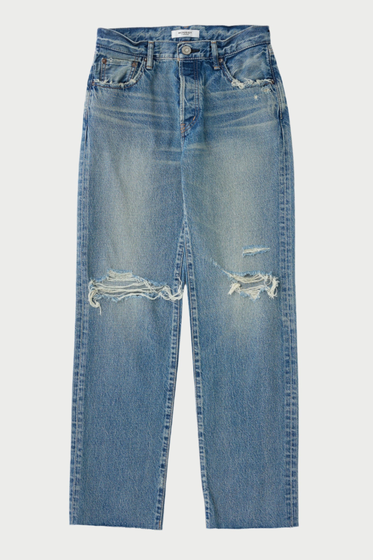 The Edgemere Straight Leg Jeans by Moussy feature a light blue wash, high waist, relaxed fit, distressed details with rips above the knees, classic five-pocket styling, and a button closure.