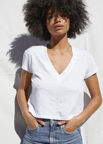 Alanis White Vneck tee, available at west2westport.com