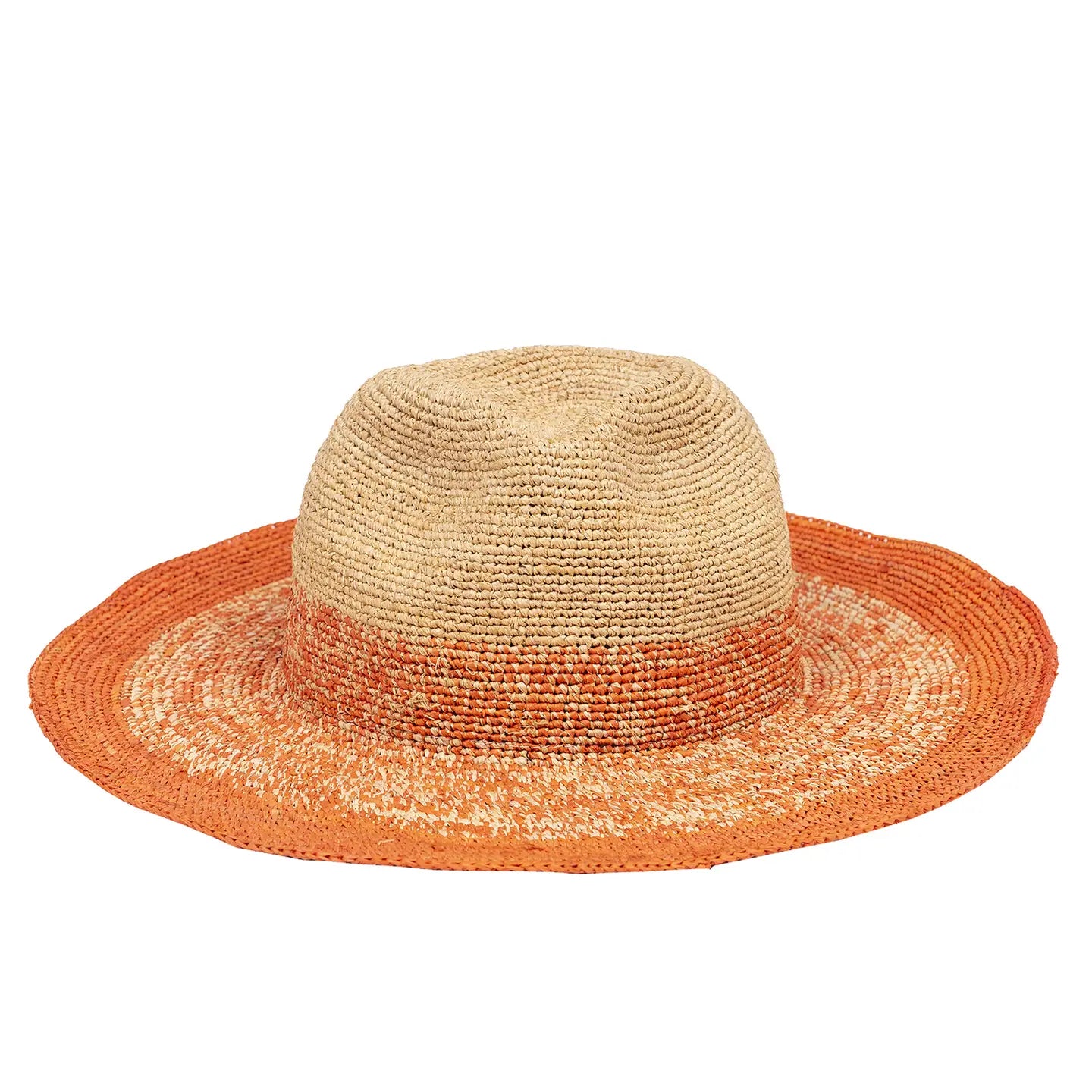 The Travaux en Cours Raffia Floppy Hat features a wide brim for sun protection, a natural tan crown, and an orange-fade brim in a woven casual style—perfect for sunny days.