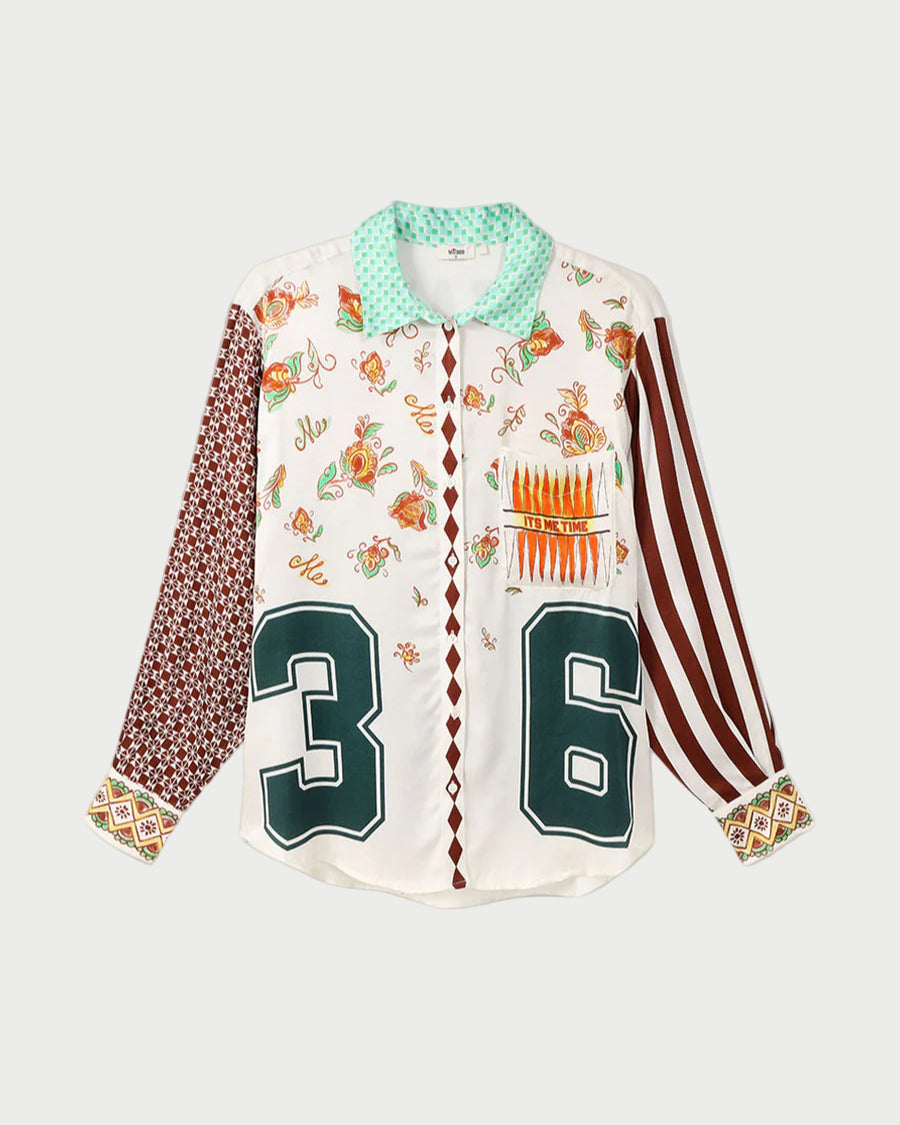 Colorful patterned shirt with numbers on a gray background