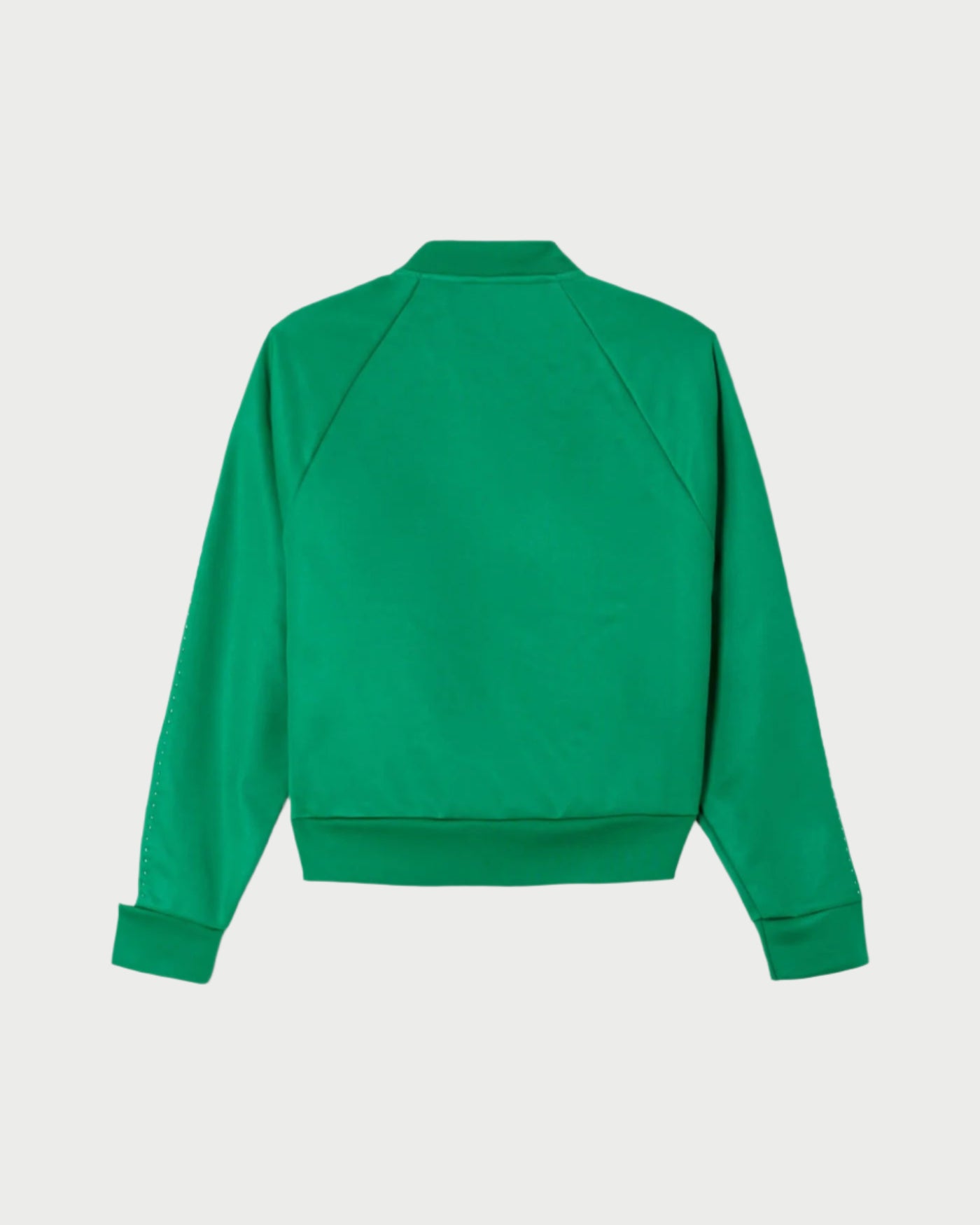 The Sunland Track Jacket by RE/DONE is shown from the back, with long sleeves, a short collar, and ribbed cuffs and waistband. Its classic sporty style channels 50s tailoring against a light background.