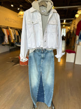 Load image into Gallery viewer, 3x1 denim maxi skirt with perfect white tee sweatshirt and Frame distressed white denim jacket at west2westport.com