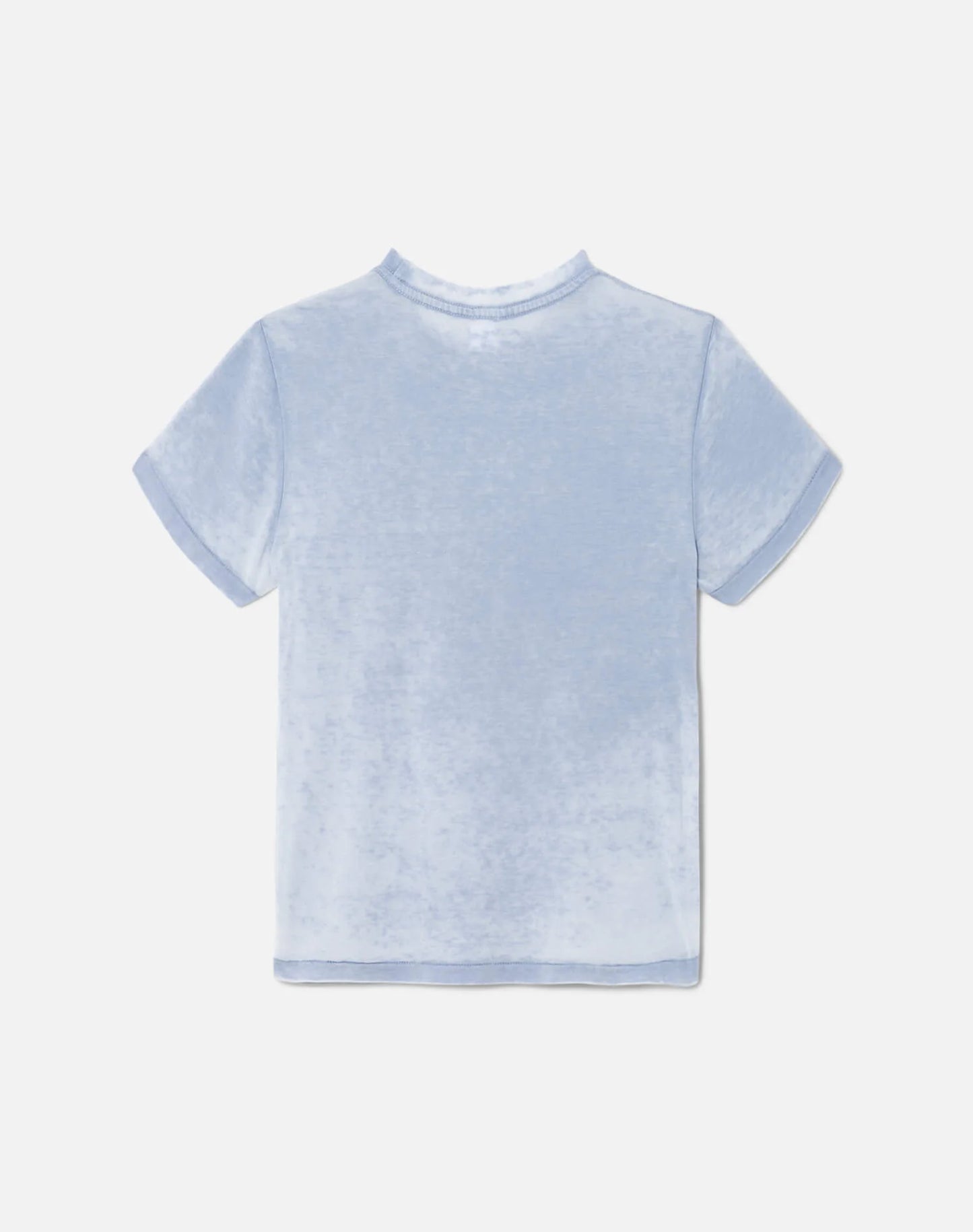 The Montauk Tee by RE/DONE, a light blue short-sleeve vintage shirt with soft, velvety fabric and a subtle burnout finish, is shown laid flat on a plain white background with the back facing up.
