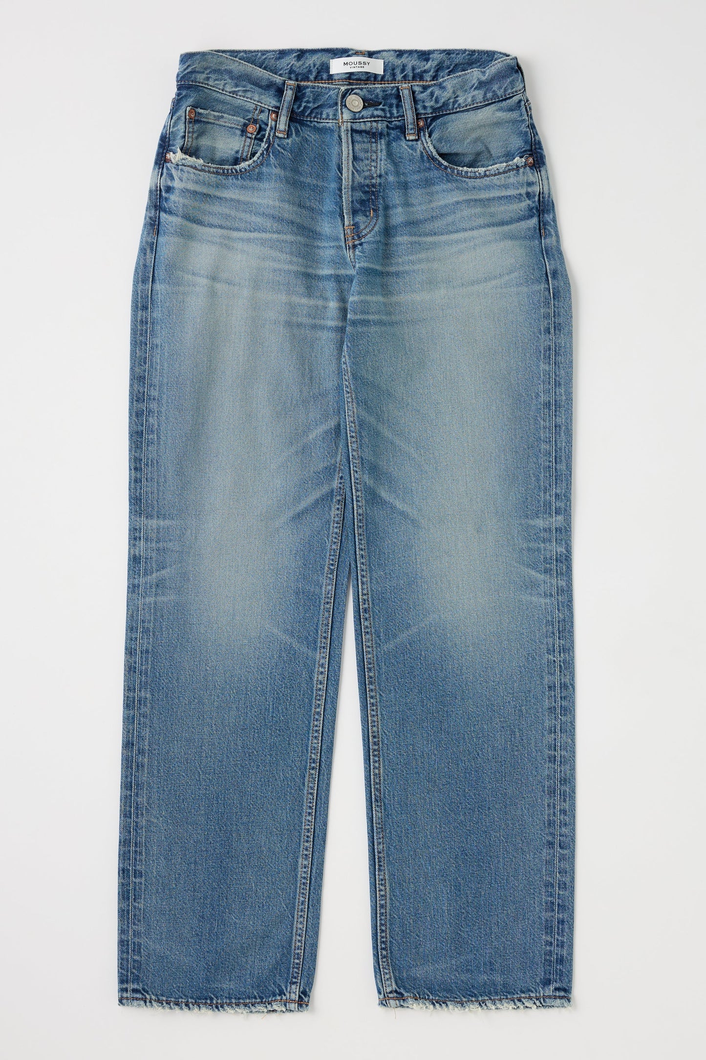 A pair of Moussy Millsboro Straight Low Jeans in light blue Japanese cotton denim with a straight-leg fit, five pockets, faded details, and raw frayed hems, shown laid flat on a white background.