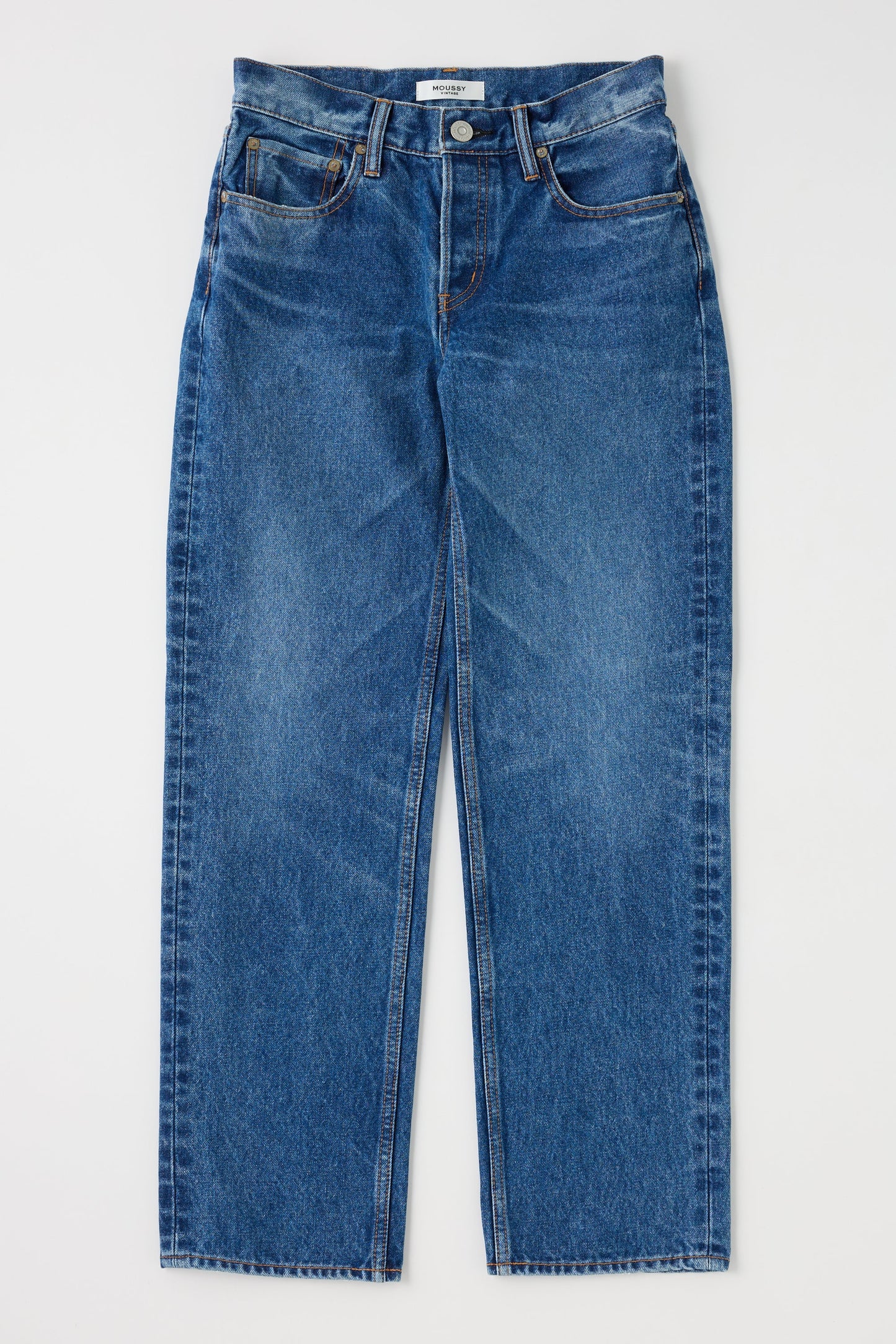 The Moussy Philadelphia Straight Low Rise Jeans feature classic blue Japanese denim, five pockets, and a button closure, shown laid flat on a white background.