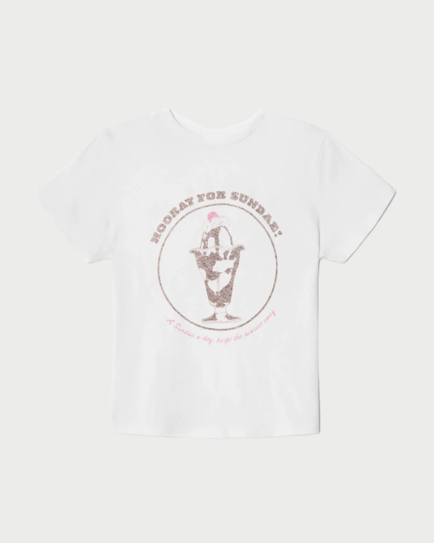 The RE/DONE Sundae Tee is a white recycled cotton shirt with a chocolate sundae and cherry graphic, plus "HOORAY FOR SUNDAY!" in bold letters—a sweet vintage-inspired ice cream t-shirt for retro style.