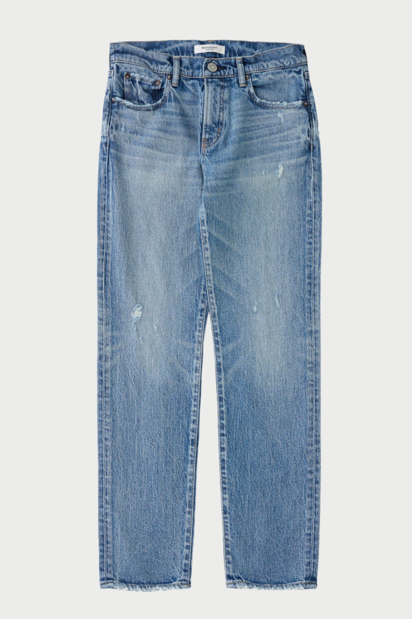 The Moussy Farmingdale Slim Straight Jeans, in light blue premium Japanese denim with a faded wash and slight distressing, are shown flat on a white background.