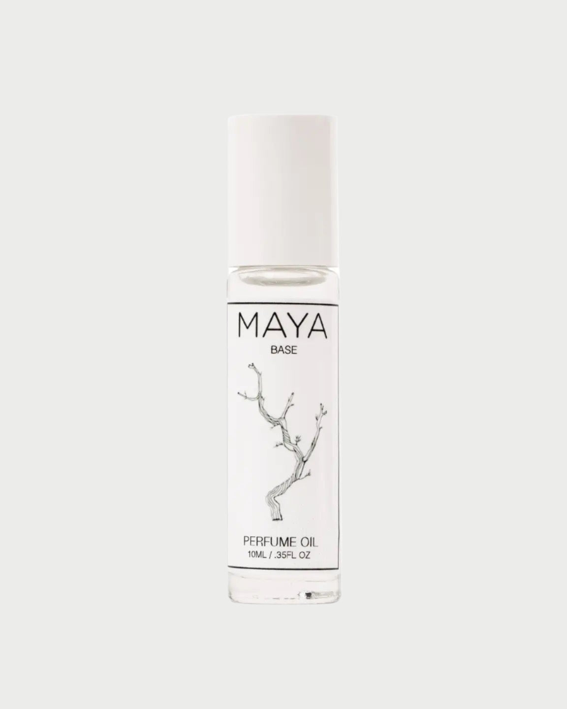 The MAYA Base 10ML by MAYA is a luxury roll-on scent in a clear glass bottle with a white cap and minimalist label featuring a delicate branch. This sustainable perfume oil offers 10ml (0.35 fl oz) of elegant fragrance.