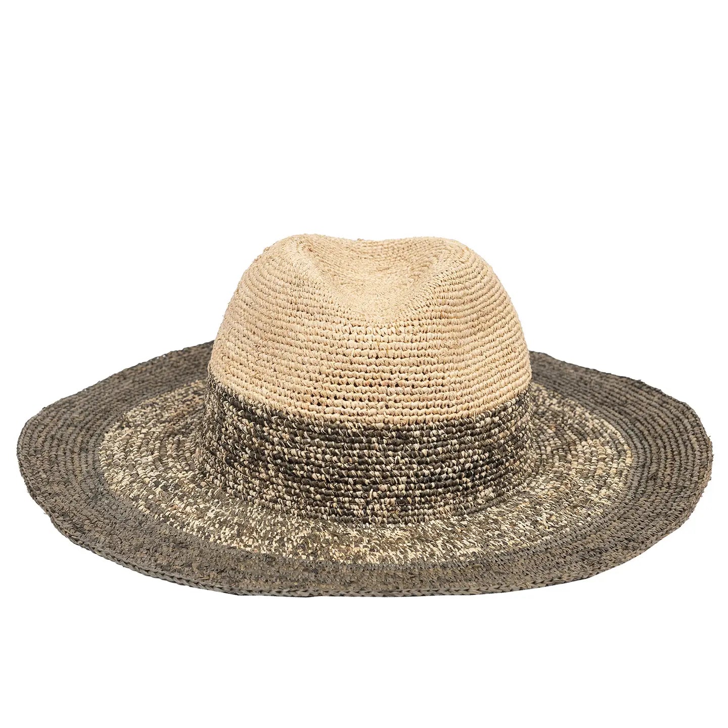 The Travaux en Cours Raffia Floppy Hat features a wide, woven brim that fades from tan to dark gray, offering stylish sun protection for any outdoor occasion.