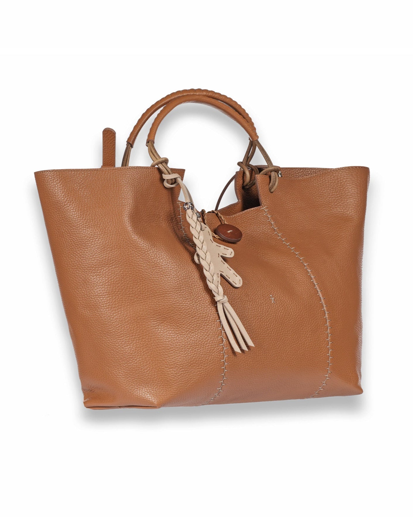 The Large Muflone Tote Bag by Henry Beguelin is a brown calfskin leather handbag with a textured surface and stitched detailing. It features two handles, a decorative braided tassel, and includes a detachable shoulder strap for versatile wear.
