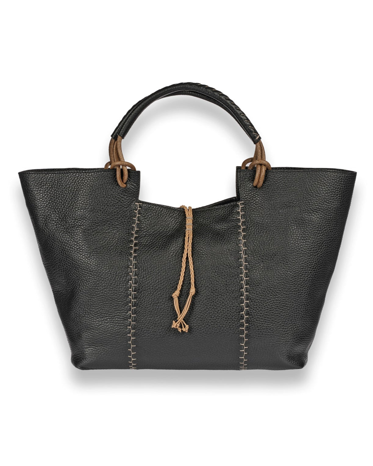 The Medium Muflone Tote by Henry Beguelin features a black textured calfskin leather design, curved handle, and tan drawstrings. Handmade in Italy, it has lighter visible stitching along the center seams against a plain white background.