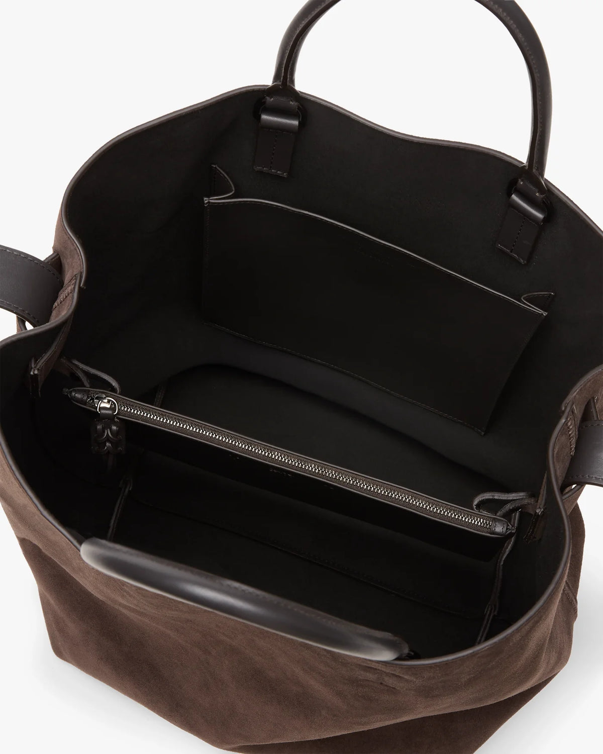 Henry Beguelin Large Tote Bag in dark brown suede with two top handles, featuring an internal zip pocket and a slip pocket, handmade in Italy.