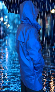 Rains long rain jacket in a cool blue at westport ct boutique WEST and online at west2westport.com