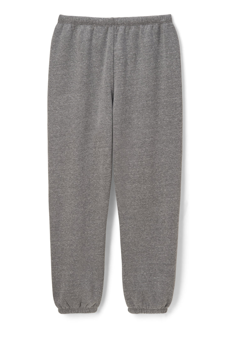 The Stevie Easy Sweatpant by perfectwhitetee is a pair of plain gray cotton fleece joggers with an elastic waistband and ankle cuffs, shown laid flat on a white background.