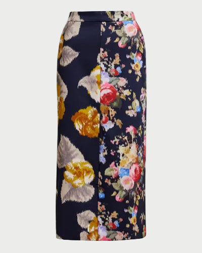 Navy blue skirt with floral and butterfly patterns on a white background