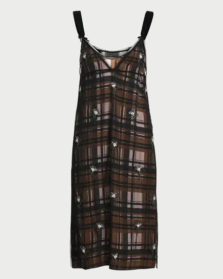 A sheer black mesh slip dress with a brown and black plaid pattern, featuring small white embroidered flowers and black shoulder straps, shown against a plain white background.