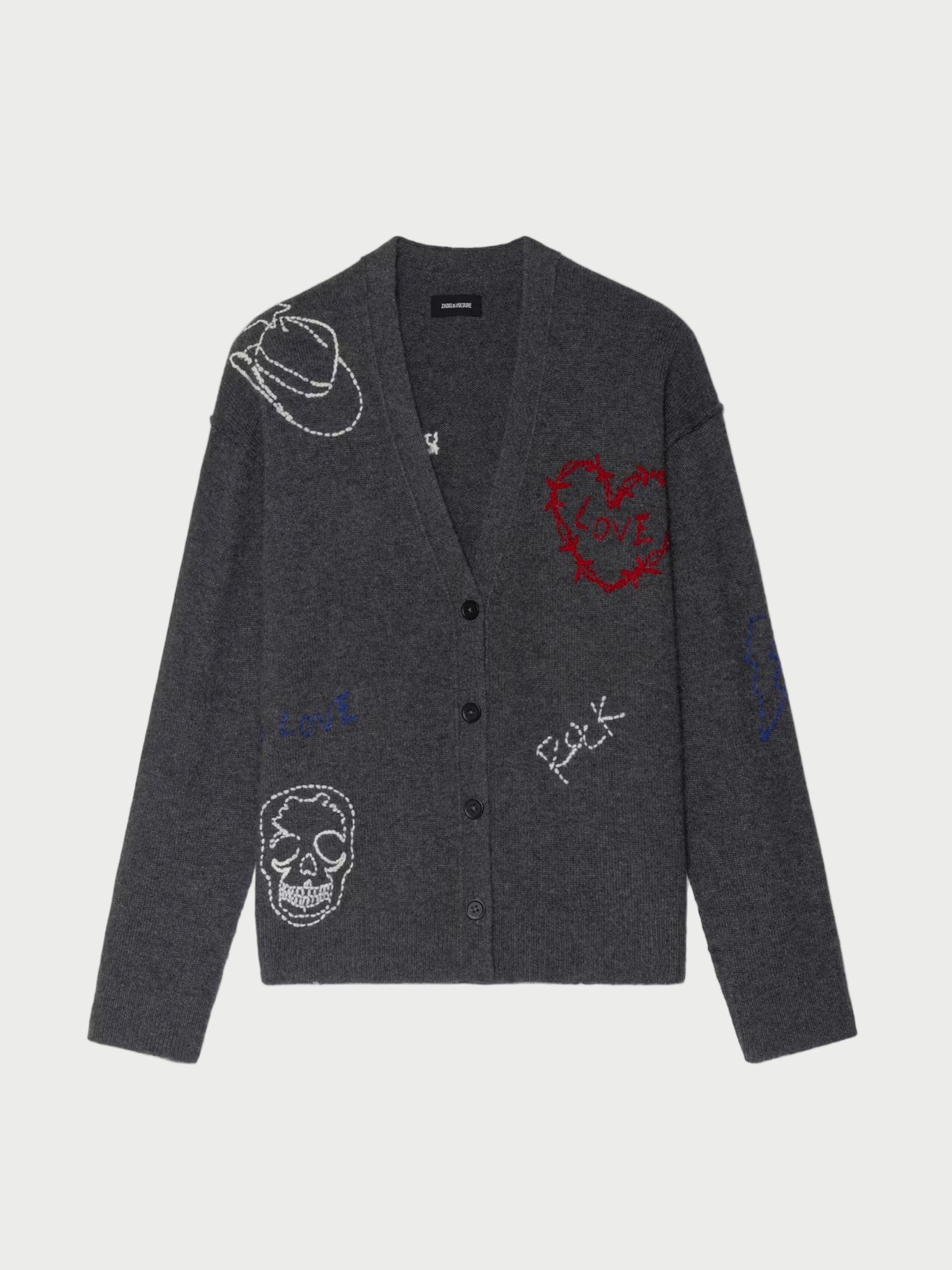 Gray cardigan with embroidered designs on a white background