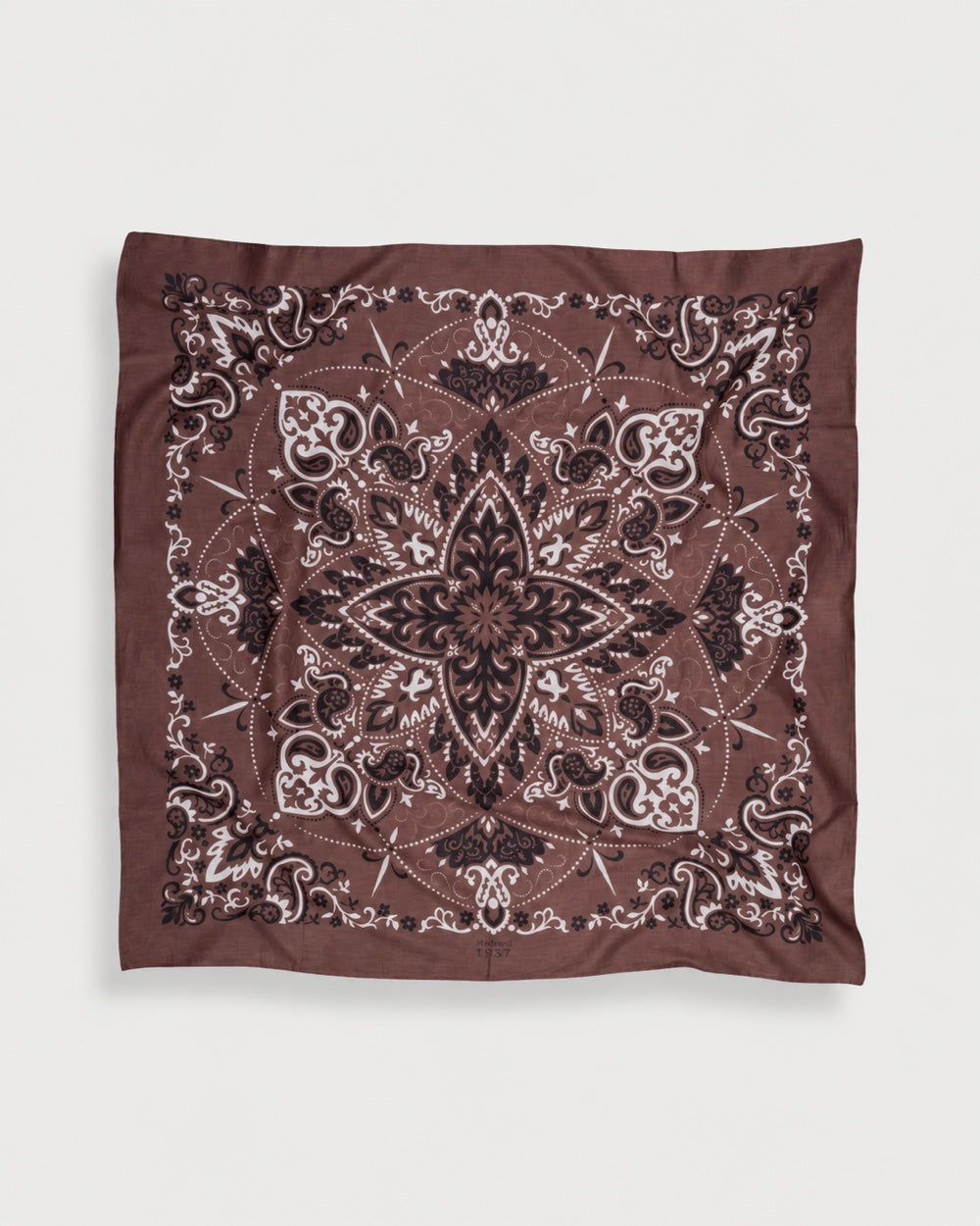 Maison Lecomte Flament Chocolate silk square bandana scarf shown flat with an ivory paisley print.