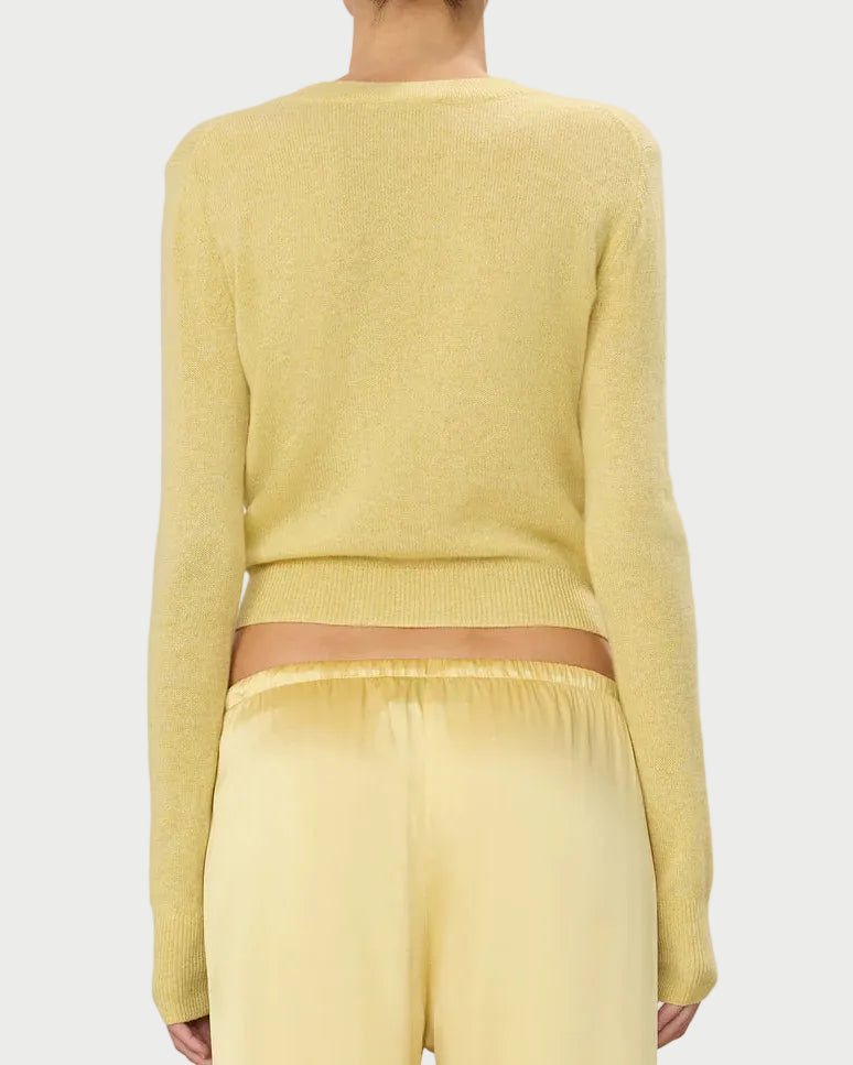 Person wearing a light yellow outfit on a plain background