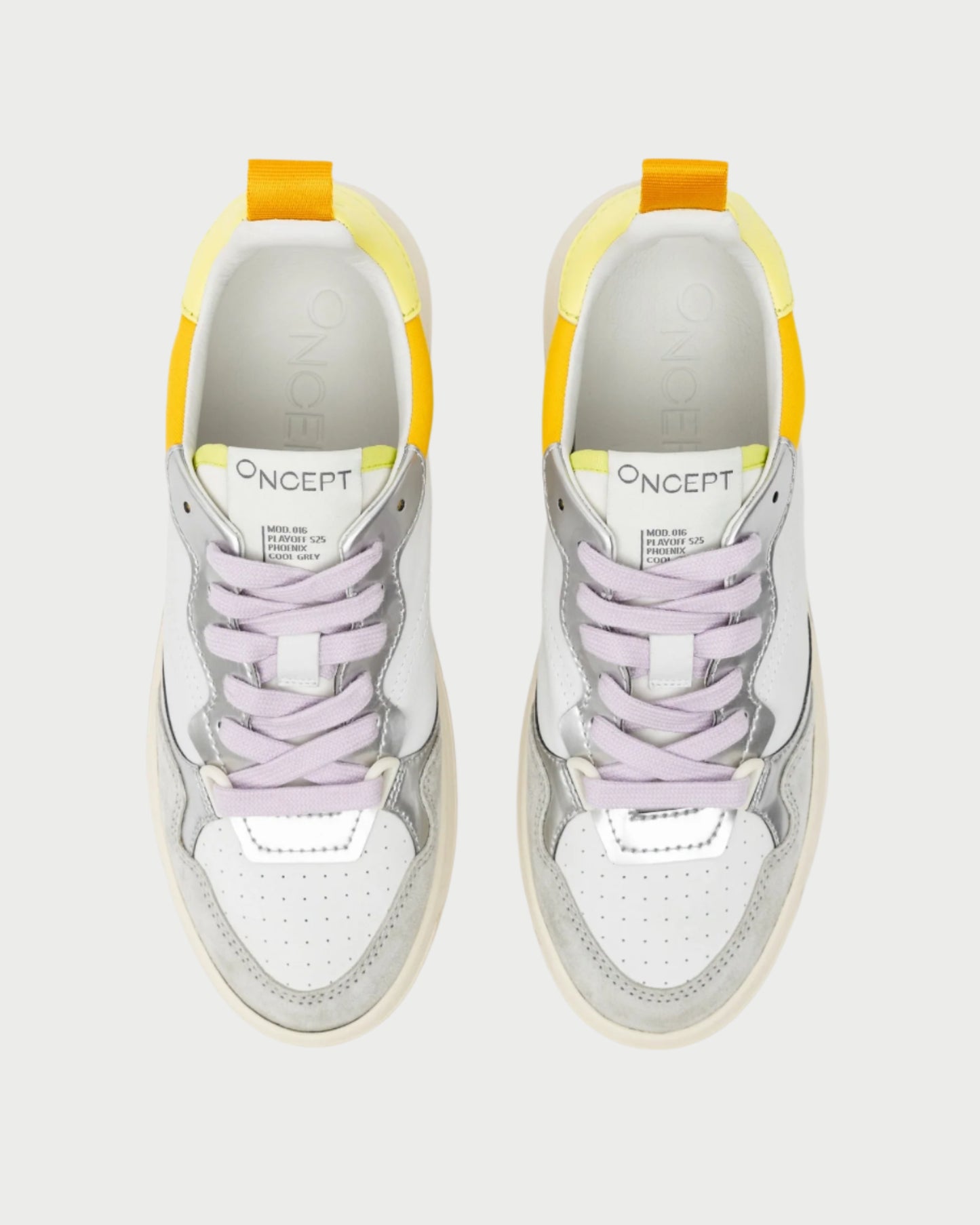 Top view of Oncept Phoenix Sneakers in white and gray with purple laces and yellow heel accents. The "ONCEPT" brand name is on the tongue, offering comfort and a retro style. Sneakers are side by side on a light background.