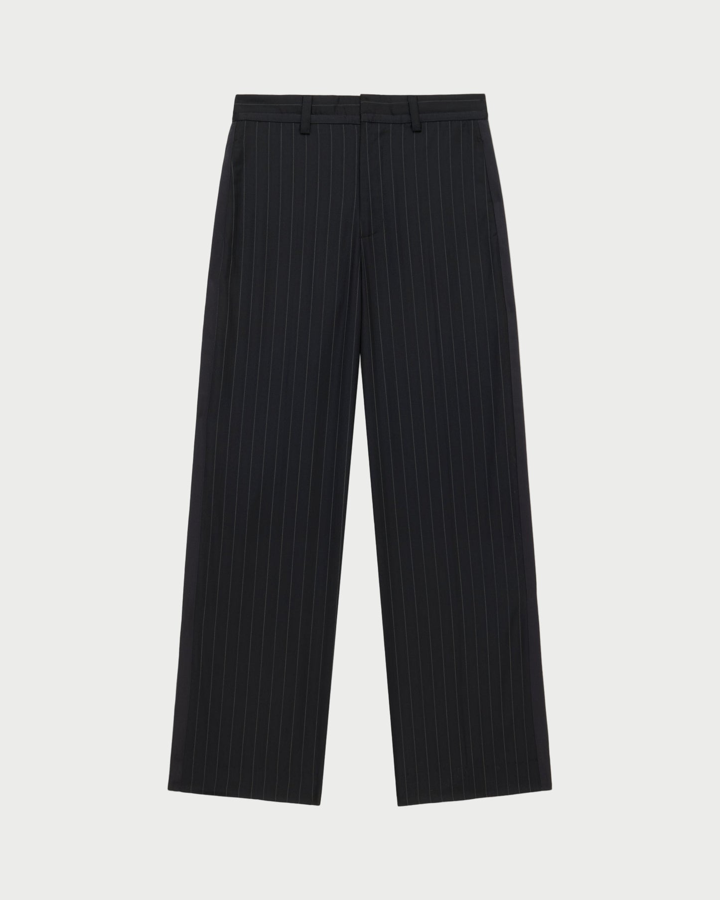 Black pinstripe pants on a white background