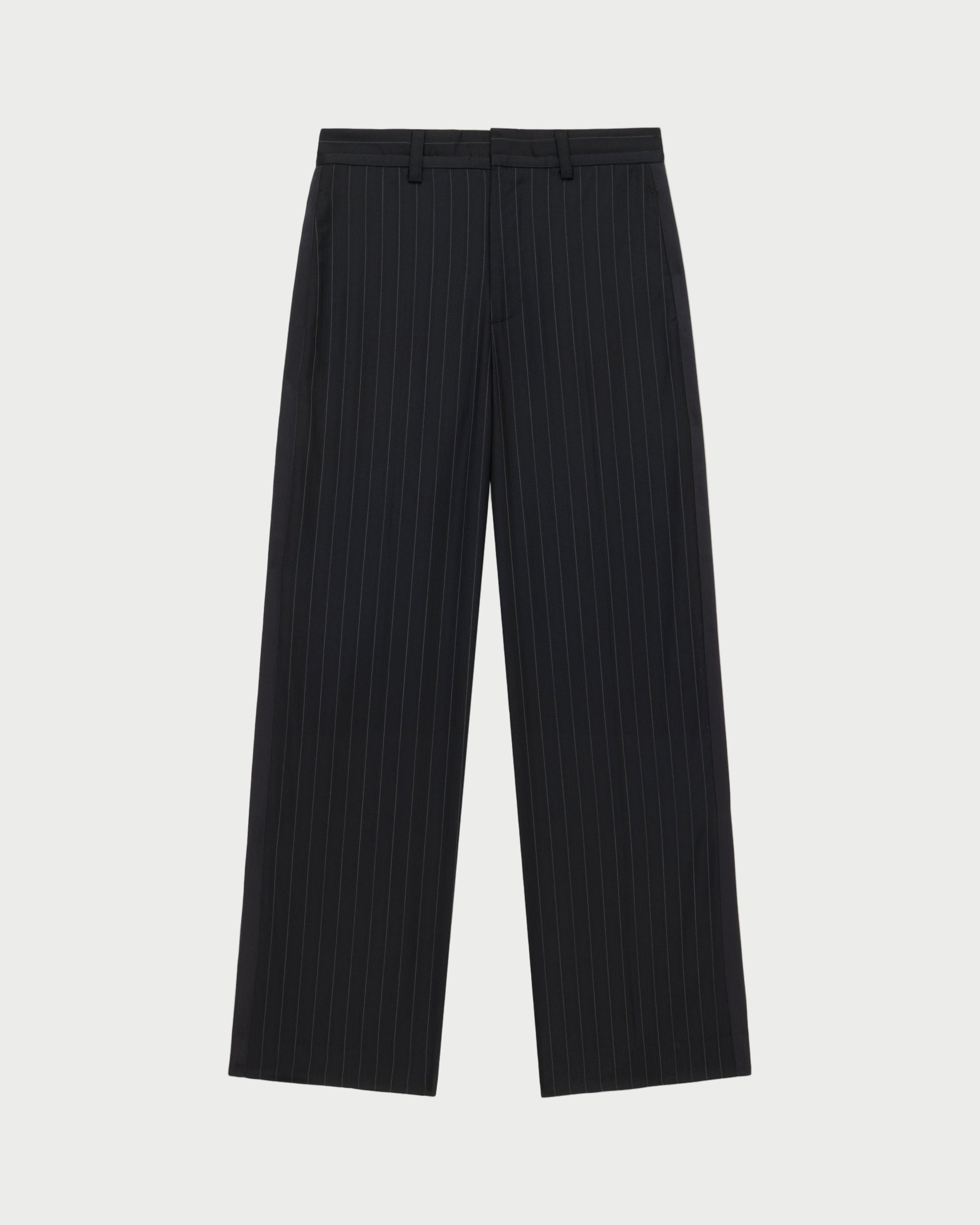 Black pinstripe pants on a white background