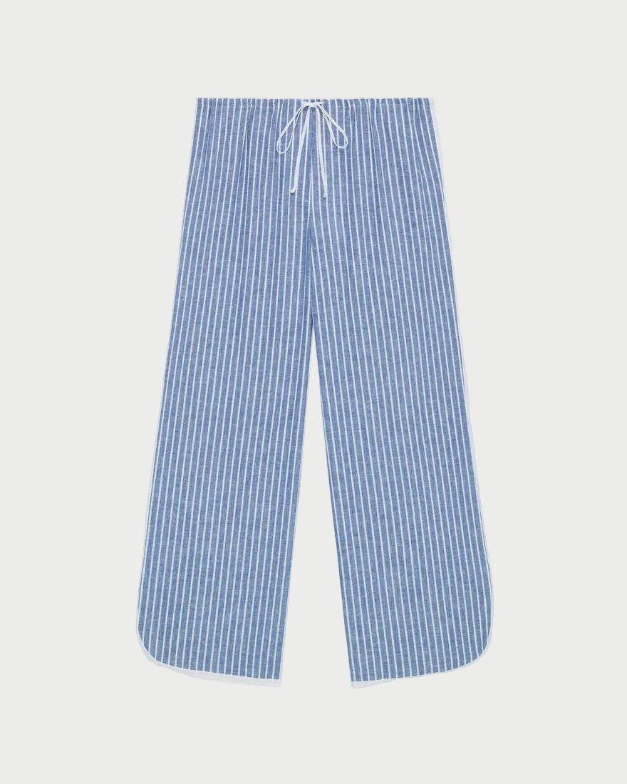 Blue and white striped pants on a light gray background