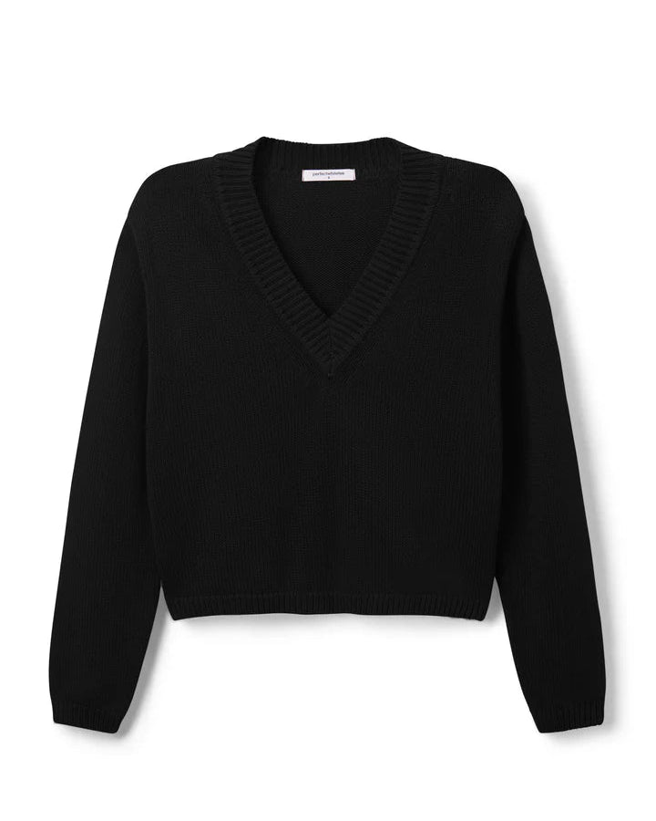 The perfectwhitetee Addie Cotton Vneck is a black, long-sleeve cotton sweater with ribbed neckline, cuffs, and hem, shown against a white background.