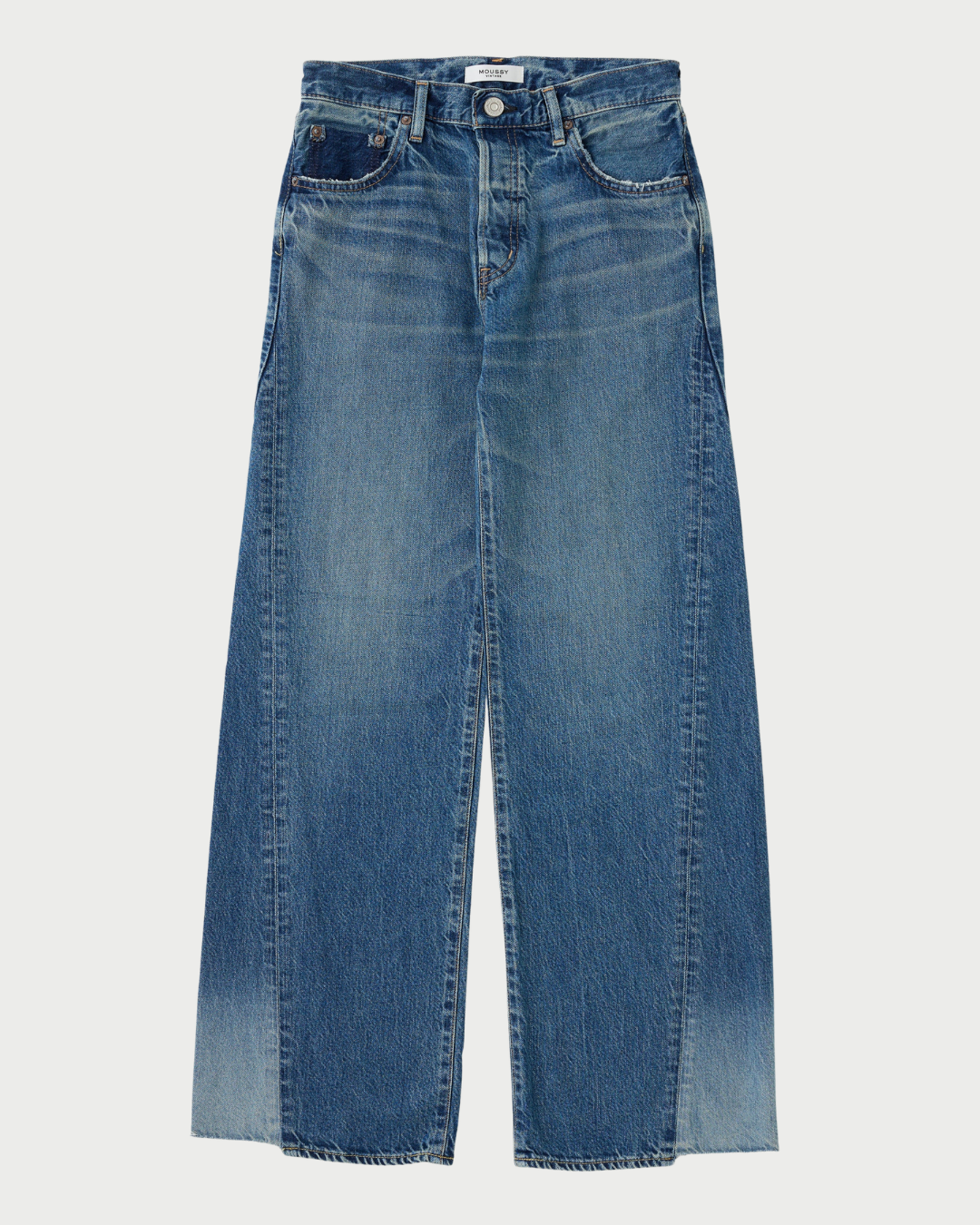 The Moussy Holyoke Panel Wide Jean, a high-waisted wide-leg style with classic five-pocket design and front fading, is shown laid flat on a white background.
