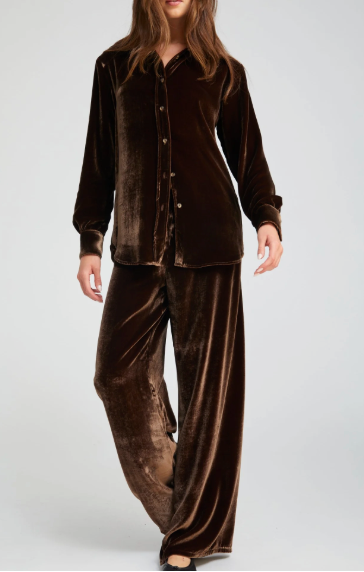 Brown velvet shirt and pants set on a white background