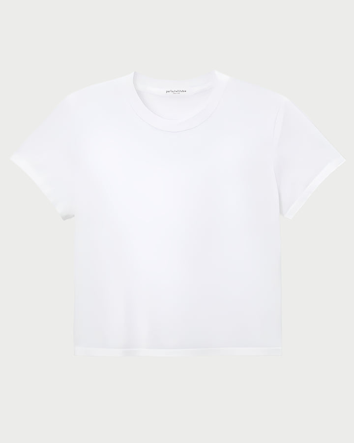The Springsteen Baby Tee by perfectwhitetee is a short-sleeve, white baby tee featuring a round neckline. It offers a simple, clean design on a light gray background and is crafted from luxurious Supima cotton for ultimate comfort and style.
