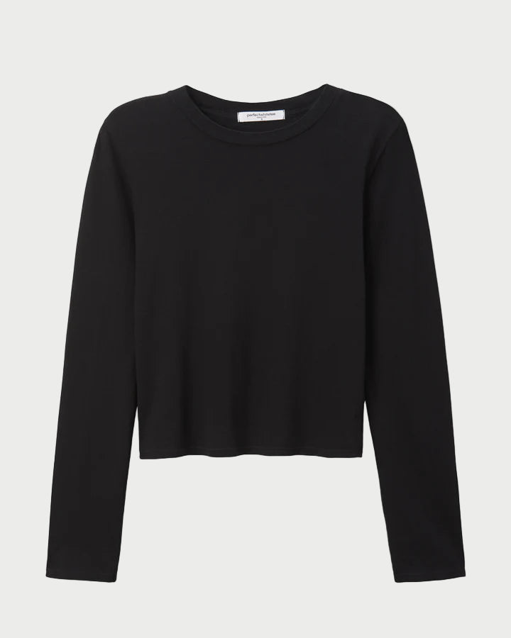 Black long-sleeve crop top on a white background
