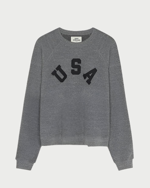 The Sunny Somewhere USA Raglan Crew is a heather grey, long-sleeve fleece sweatshirt with bold "USA" varsity lettering across the chest, inspired by vintage college styles and shown on a plain white background.