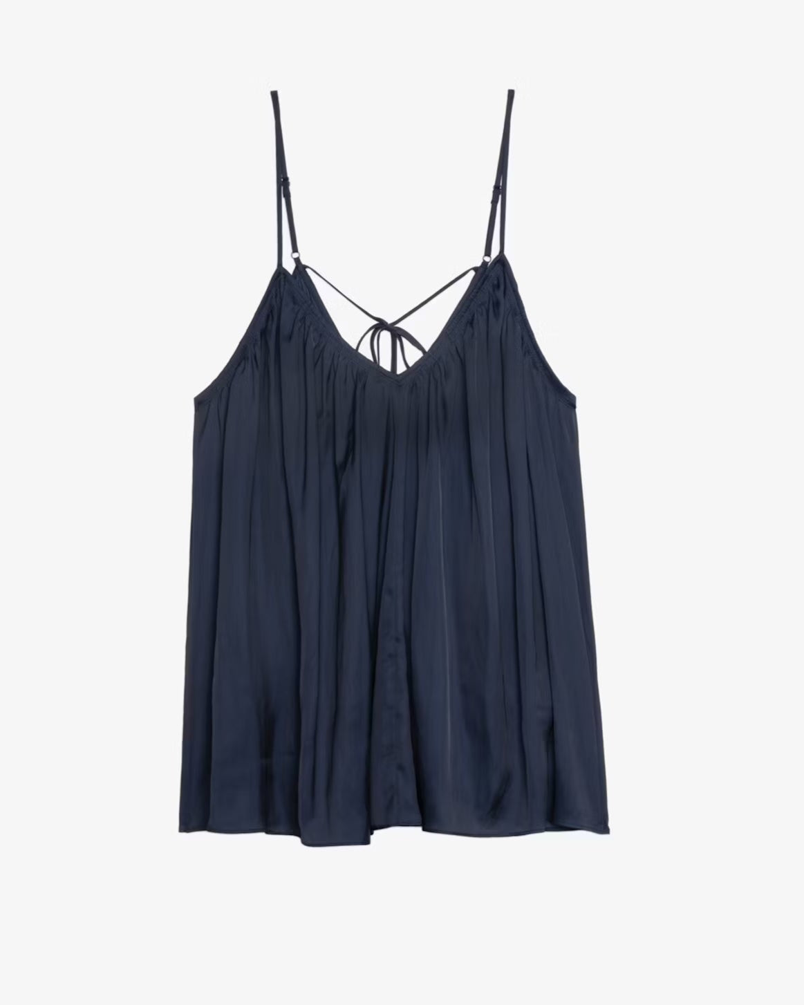 Navy blue slip dress with thin straps on a white background