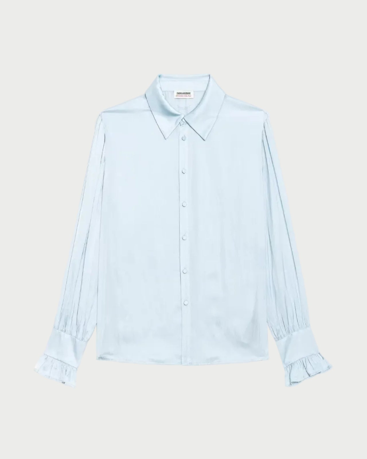 A light blue long-sleeve button-up shirt with pleated cuffs, shown flat against a light gray background.