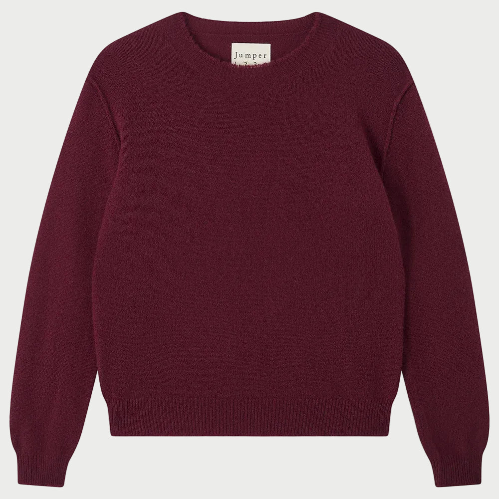 JUMPER 1234 Distressed Cashmere Crew Burgundy relaxed fit crew-neck sweater with long sleeves and distressed ribbed trim.