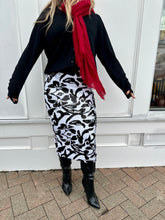 Load image into Gallery viewer, le superbe california sequins skirt with one grey day black cardigan and meg cohen cashmere scarf at west2westport.com