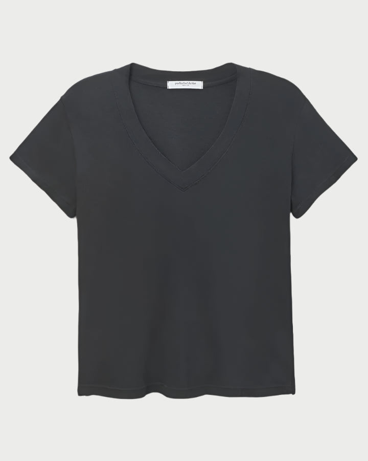 The Hendrix Basic V-Neck T-Shirt in Black by perfectwhitetee is the ideal wardrobe staple, featuring a simple black design with short sleeves and displayed against a light background.