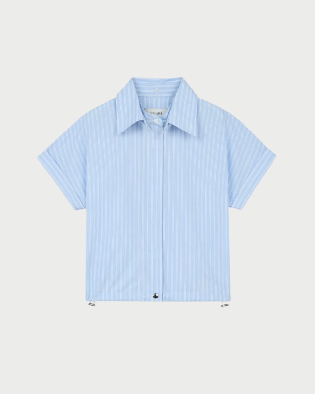 The WE-AR4 Bungee Short Sleeve Shirt features light blue upcycled cotton blend fabric, white vertical stripes, a pointed detachable collar, and button-up front. Displayed on a plain white background.