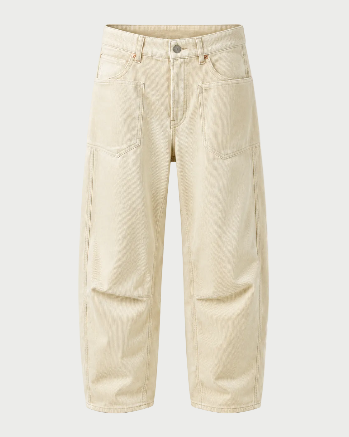 A pair of wide-leg, straight-cut jeans in a light beige or cream denim wash, shown against a plain light gray background.