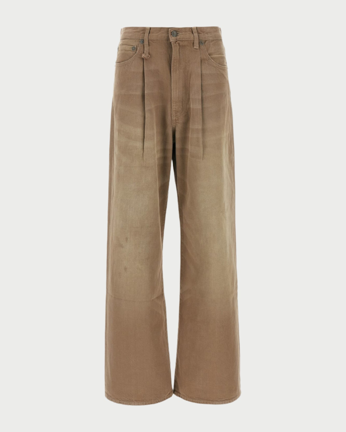 The Damon Pleated Jeans in Sawdust by R13 are wide-leg, high-waisted khaki denim pants with front pleats, side and back pockets, button-zipper closure, a slightly faded finish, and an oversized slouchy fit for relaxed comfort.