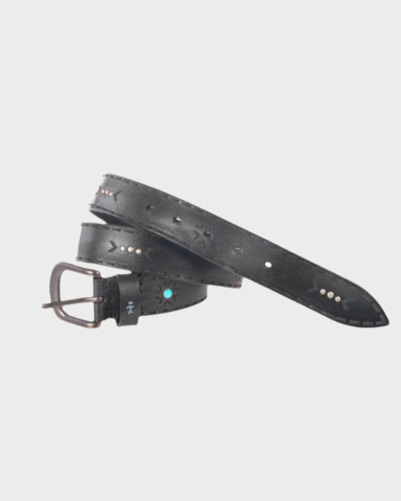 The HB Belt w/Turquoise by Henry Beguelin is handcrafted in Italy with black leather, decorative perforations, and a dark metal buckle. It has a unique turquoise stone detail near the buckle and multiple holes for easy size adjustment, looped simply.