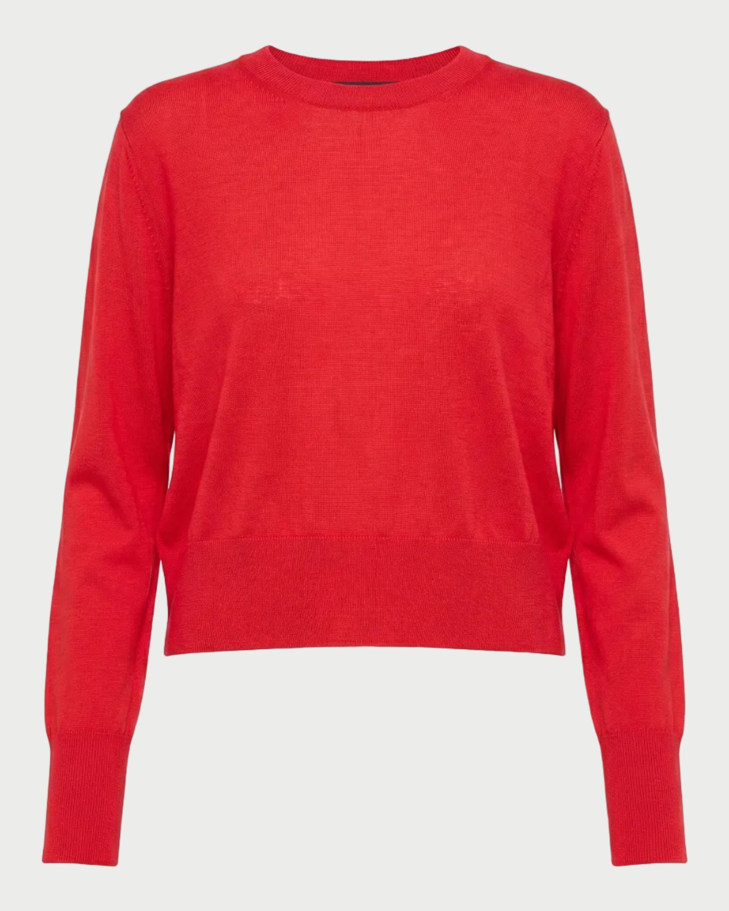 The Saint Art Elodie Sweater Tomato by Saint Art NY is a bright red, long-sleeve crew neck sweater with a relaxed fit and ribbed cuffs and hem, shown on a plain white background.