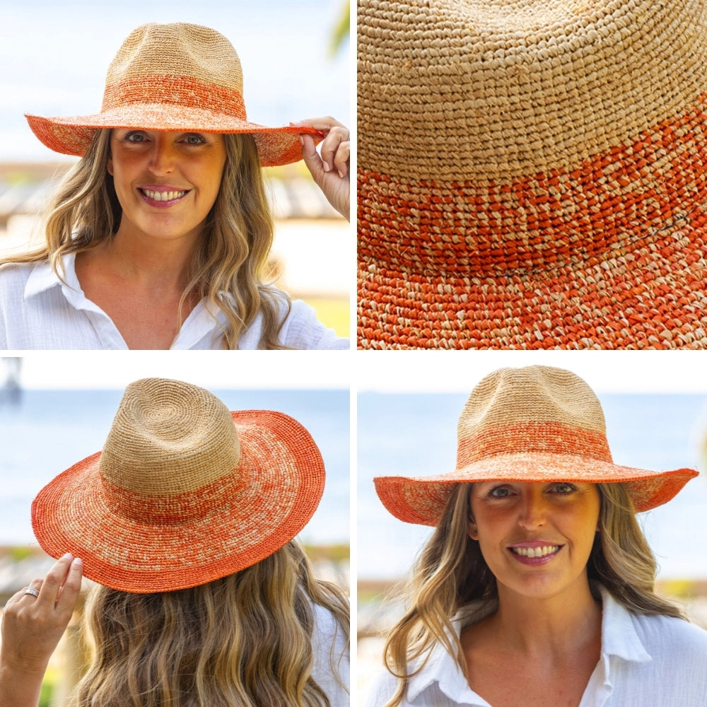 A woman in a white shirt smiles while wearing the Travaux en Cours Raffia Floppy Hat, featuring an orange brim. Close-up views highlight its woven texture, wide brim, and stylish two-tone design for sun protection.