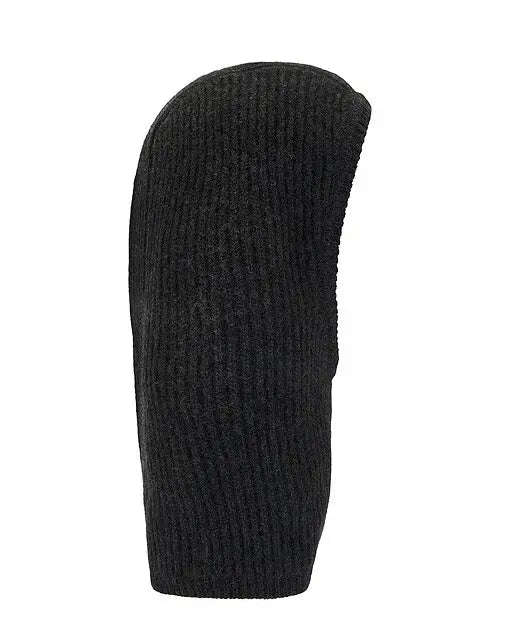 The Herskind Cashmere Balaclava by Herskind, shown upright from the side on a white background, is a black ribbed knit accessory—perfect for minimalist winter style.