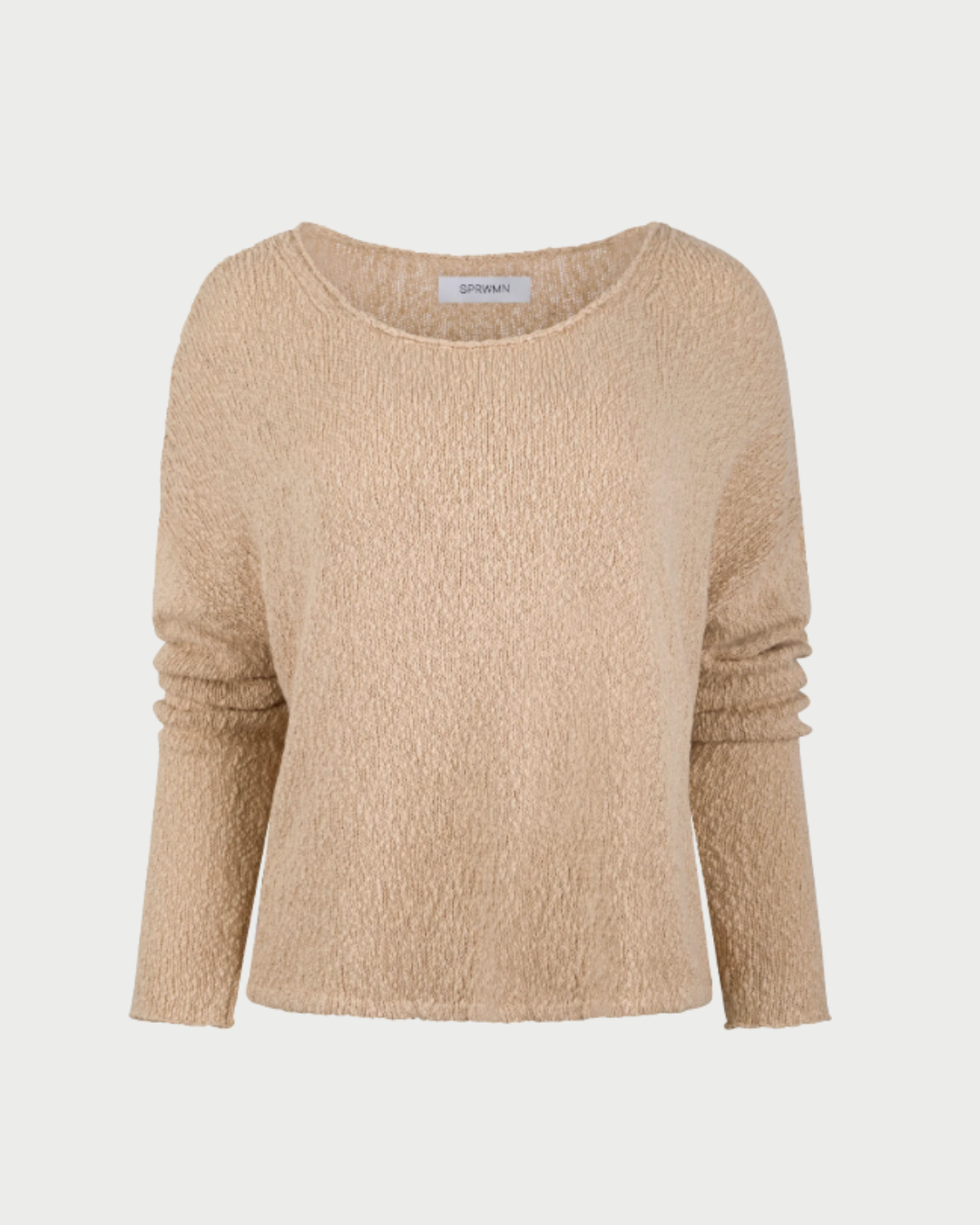 The SPRWMN Off Shoulder Sweater by SPRWMN is a beige, long-sleeve cotton bouclé knit with a relaxed fit and wide round neckline, shown on a white background.